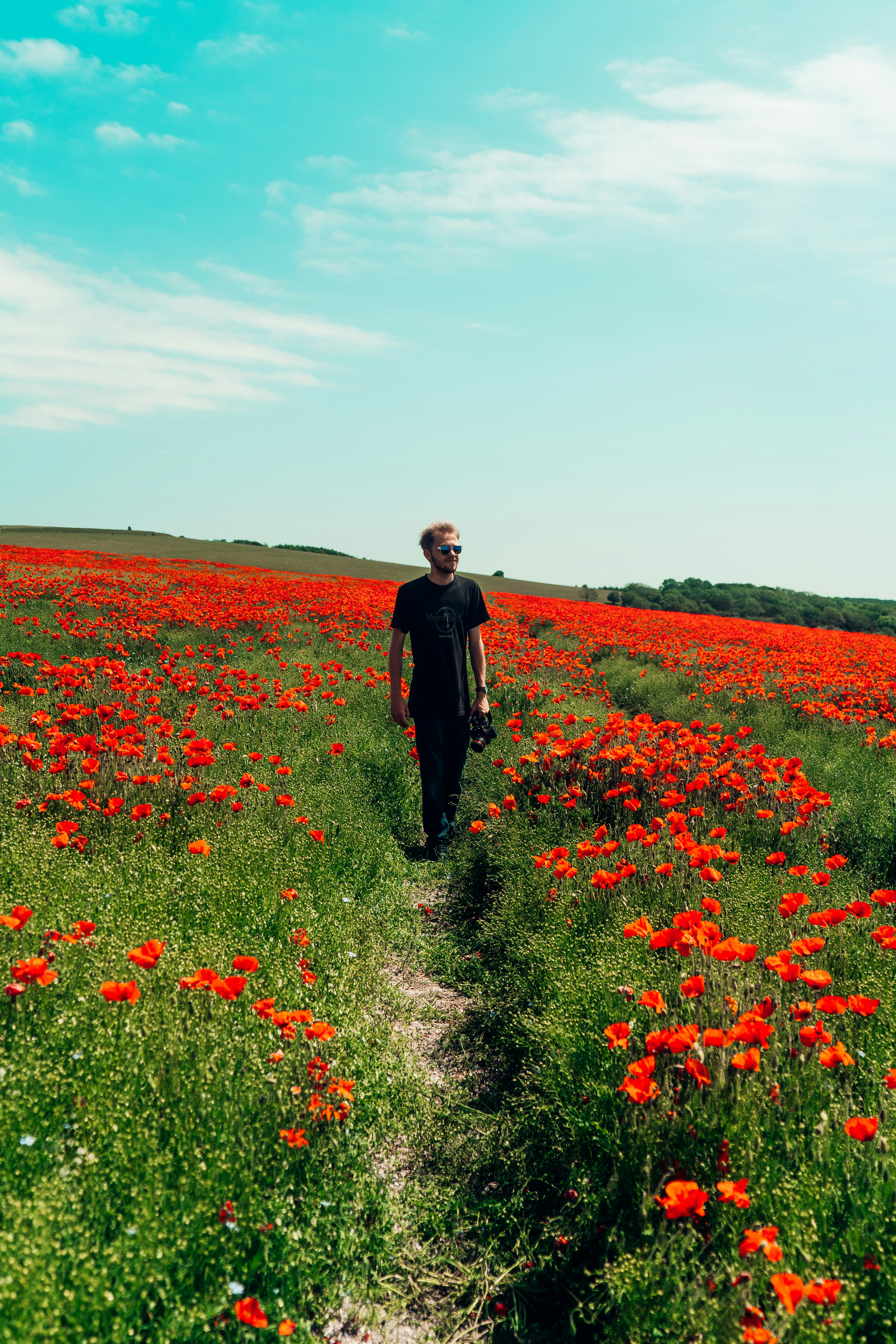 man in black jacket standing on red flower field during daytime